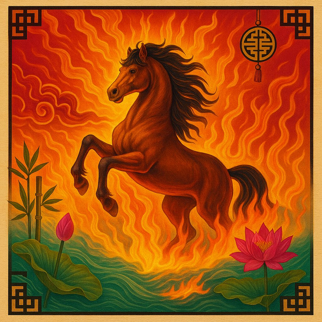 Cheval brun cabré entouré de flammes, représenté dans un style inspiré de l’art chinois traditionnel